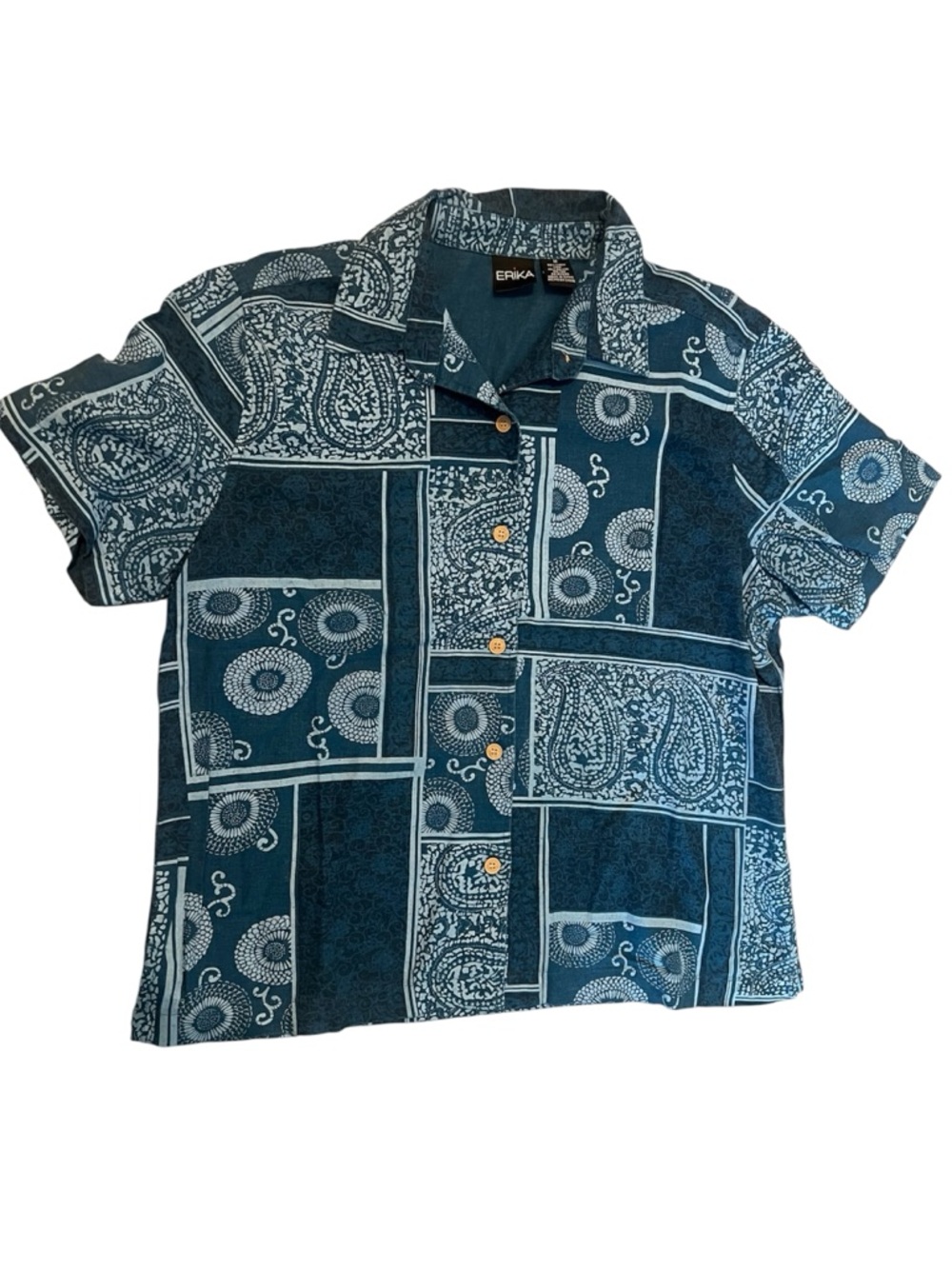 Erika Teal Patchwork Paisley Short-Sleeve Button-Up size m
